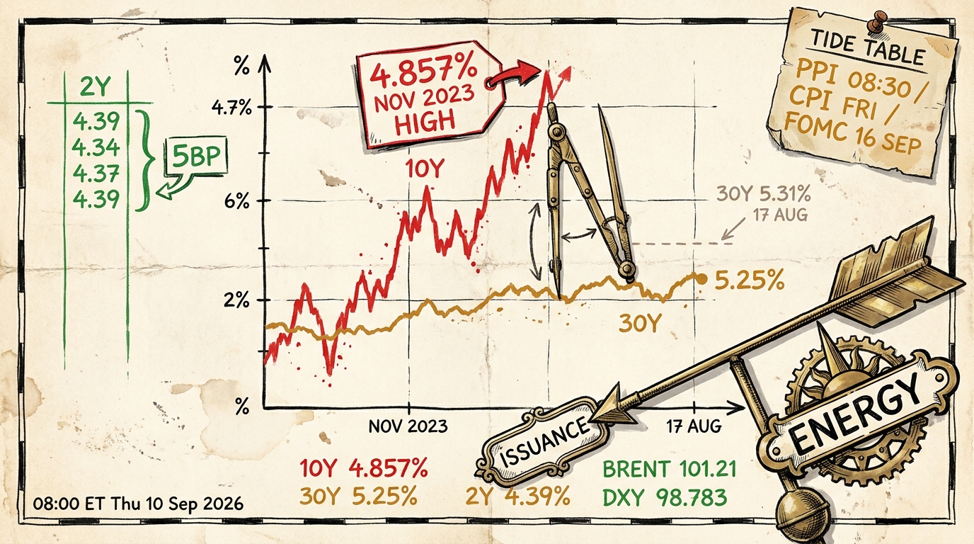 A chart desk comparing a climbing ten-year line against a flat thirty-year line, weathervane turned from issuance towards energy.