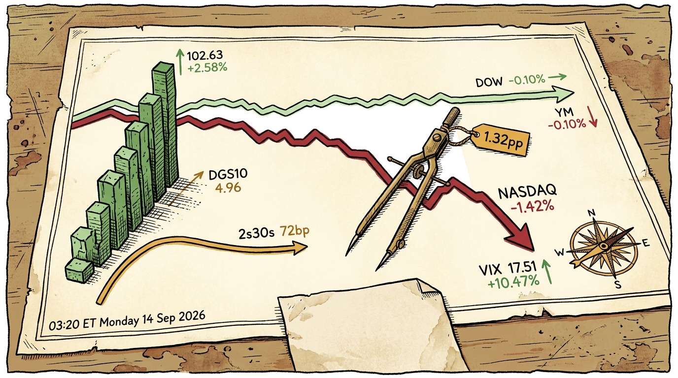 Navigator's chart desk with one level course line and one falling line, brass dividers measuring the gap, crude rising and a flattening curve.