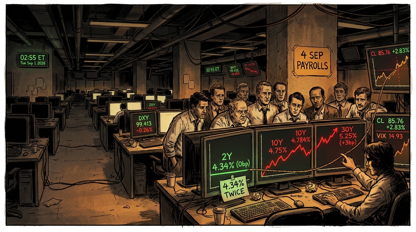 Pre-dawn bond desk where a rising crude line is roped only to the long end of a curve whose front end sits flat.