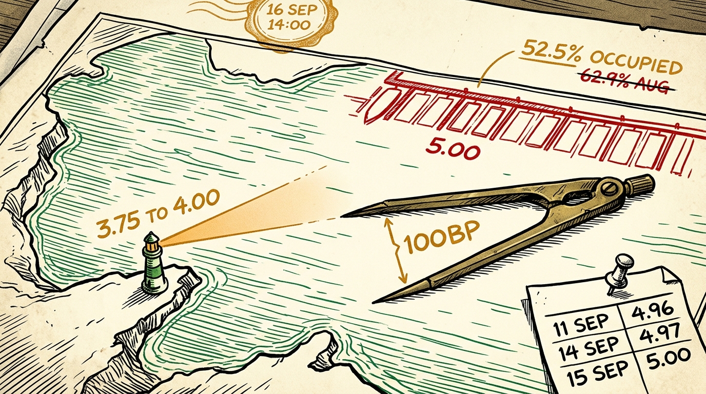 A harbour chart where a short lighthouse beam falls far short of half-empty berths marked five percent.