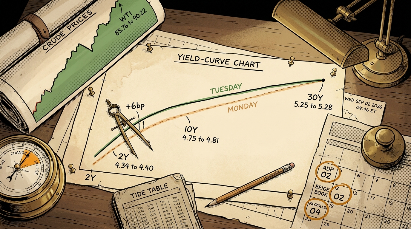 Overhead chart desk, two yield curves overlaid with calipers on a six basis point gap, crude chart pushed aside.