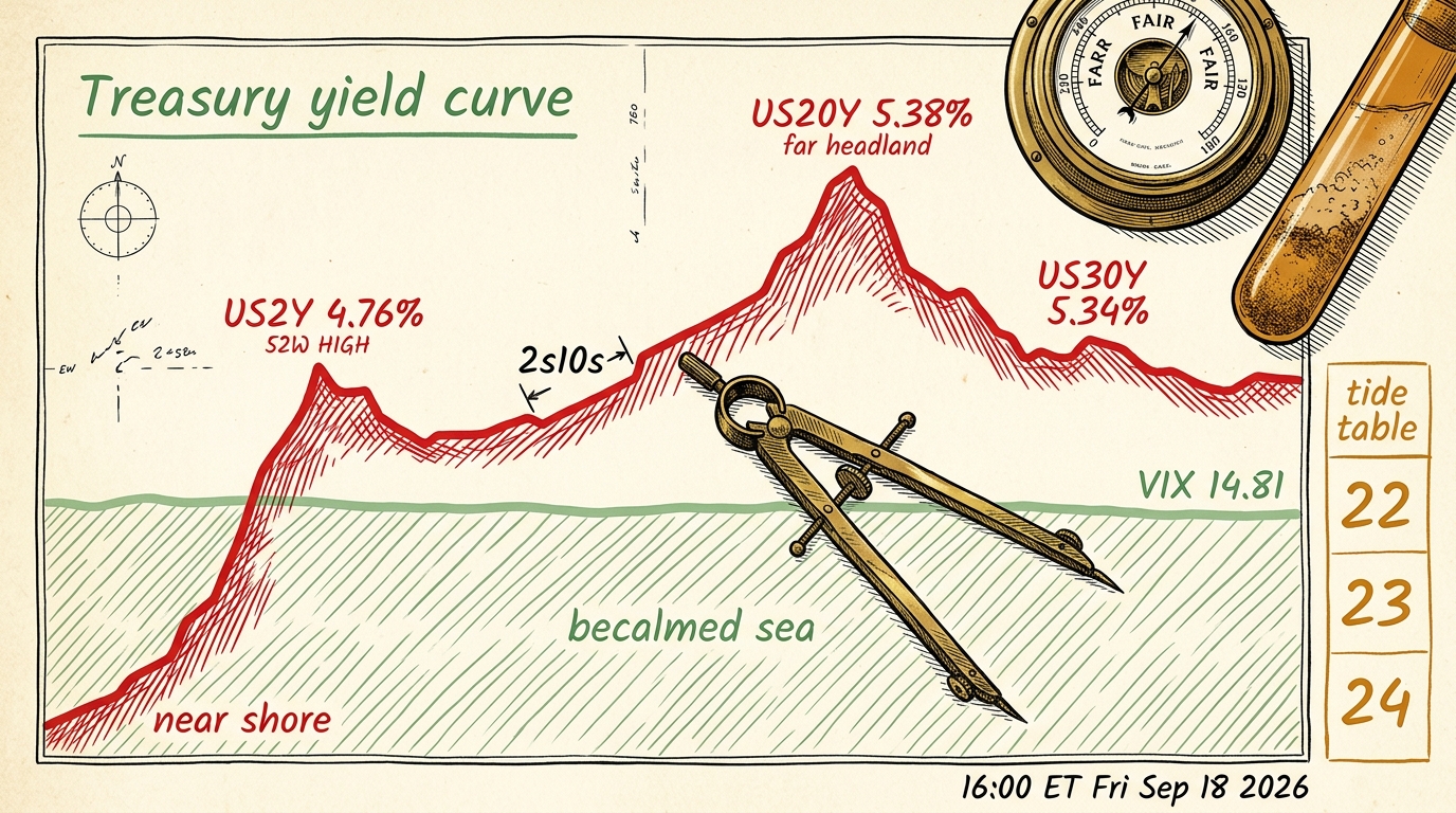 Overhead chart desk where a steep red yield-curve coastline meets a flat green volatility line reading 14.81 on a becalmed sea.