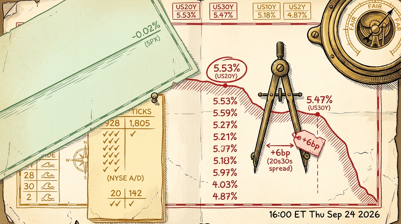 Overhead chart desk where a red sounding chart shallows to 5.53% beneath a perfectly level green horizon line marked minus 0.02 percent.