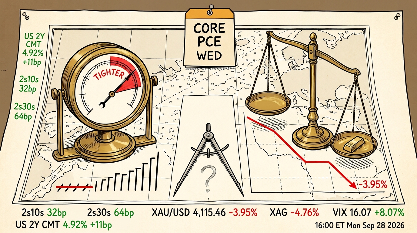 A chart desk where a barometer swings to tighter while a set of gold scales tips the other way.