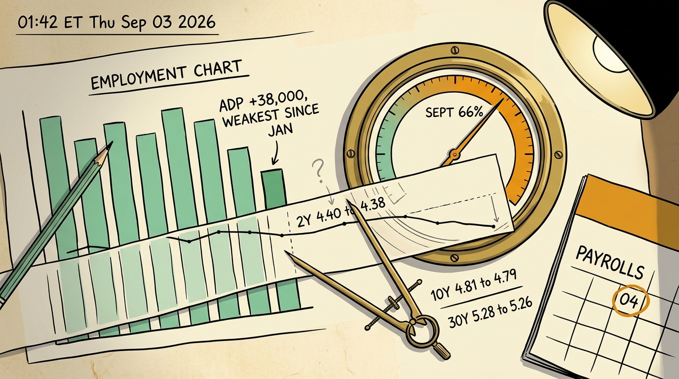 Overhead chart desk with a falling jobs chart, a high amber probability dial, and a yield overlay crossing both.