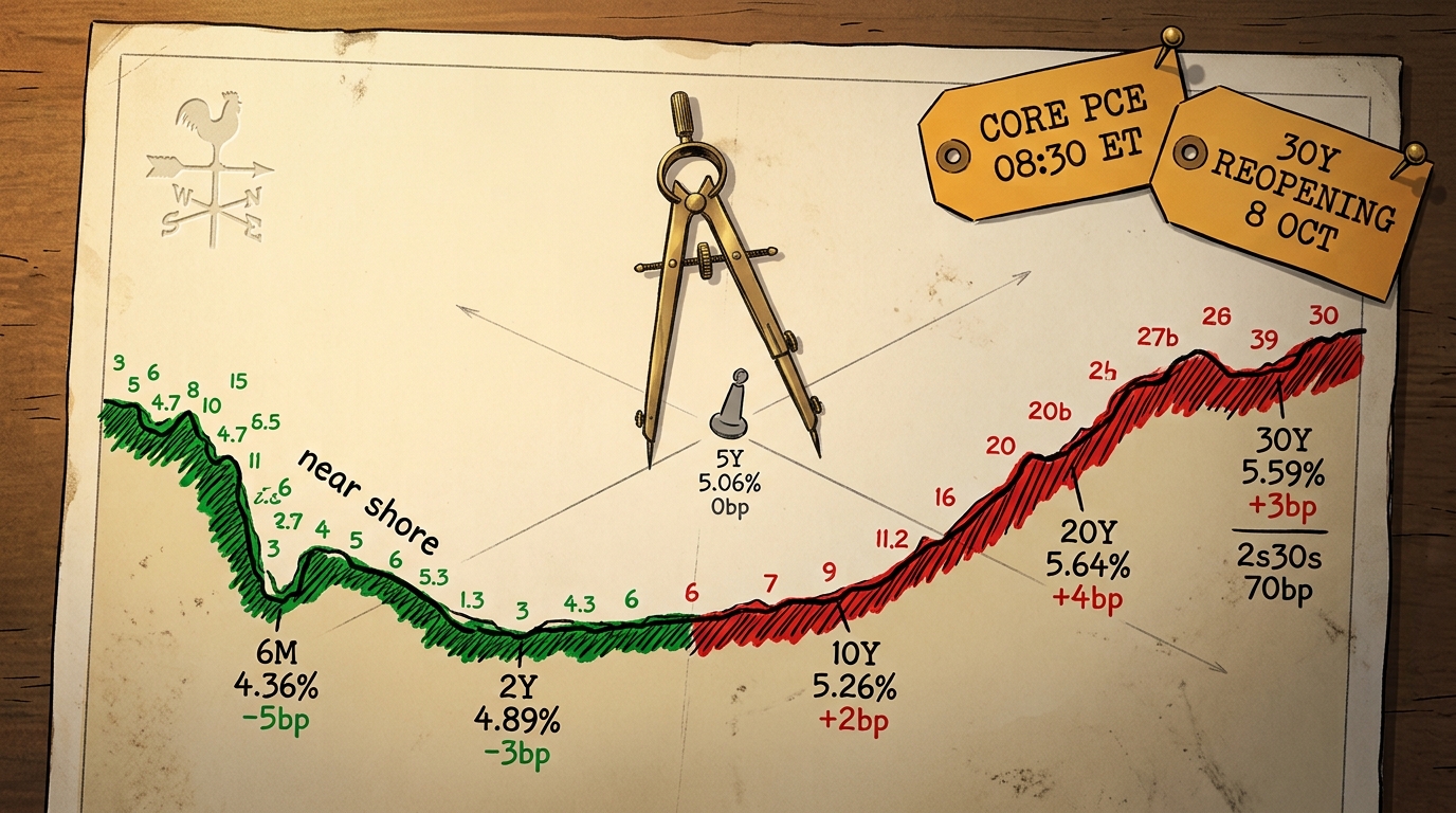 Overhead navigator's chart of a yield curve as a coastline, green near shore, red far shore, brass dividers on an unmarked mid-point buoy.