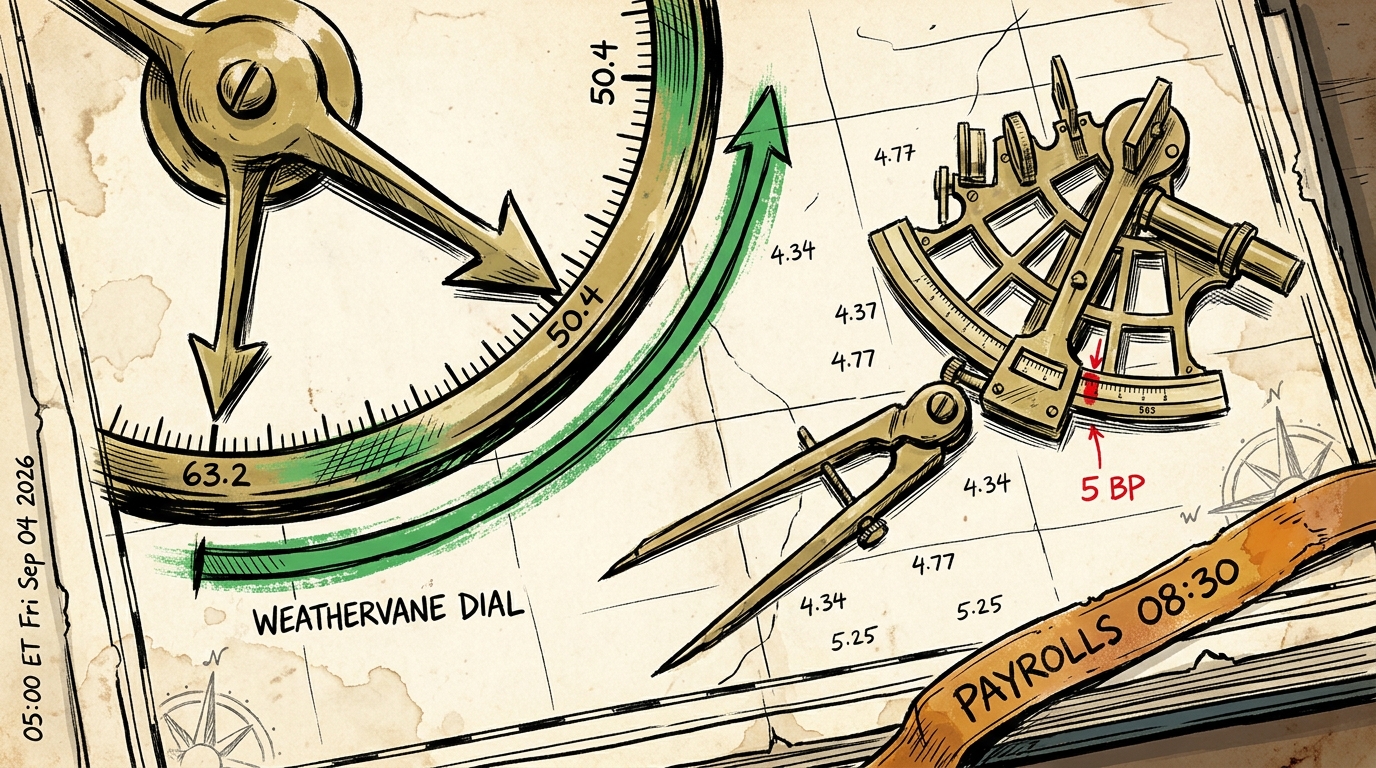 Chart desk where a hugely swung weathervane dial is measured by dividers against a sextant that has barely moved.