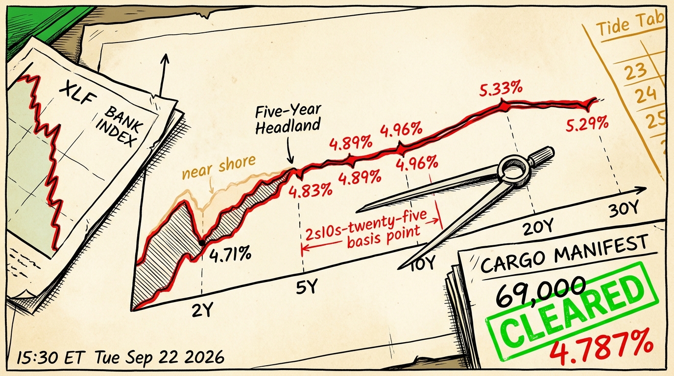 Overhead chart desk where a red yield-curve coastline has fallen at the near shore and is traced twice in perfect register beyond five years.