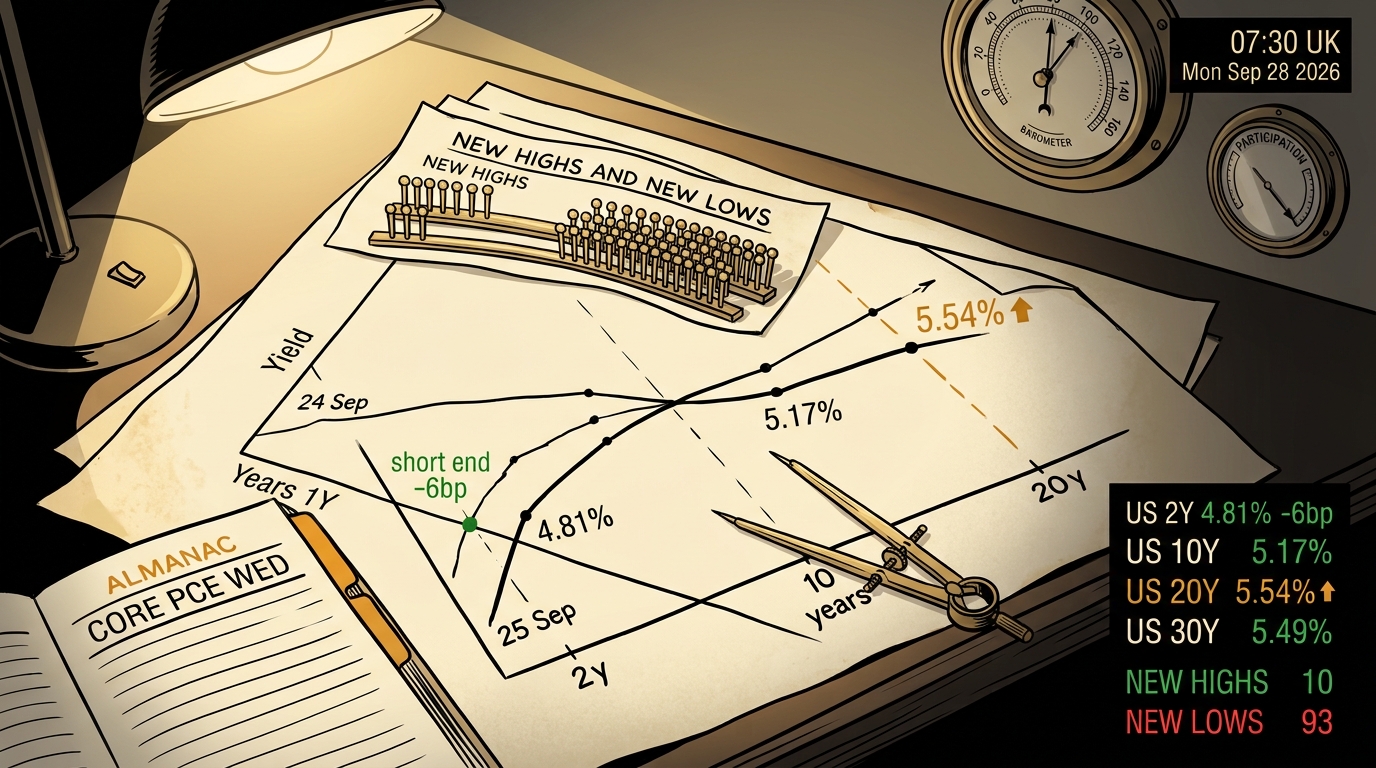 Navigator's chart desk showing a twisting yield curve beside two pin counters holding ten and ninety-three.