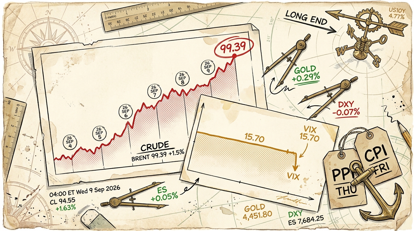 Chart desk showing a climbing crude line beside a flat volatility line and three unmoved cross-asset readings.