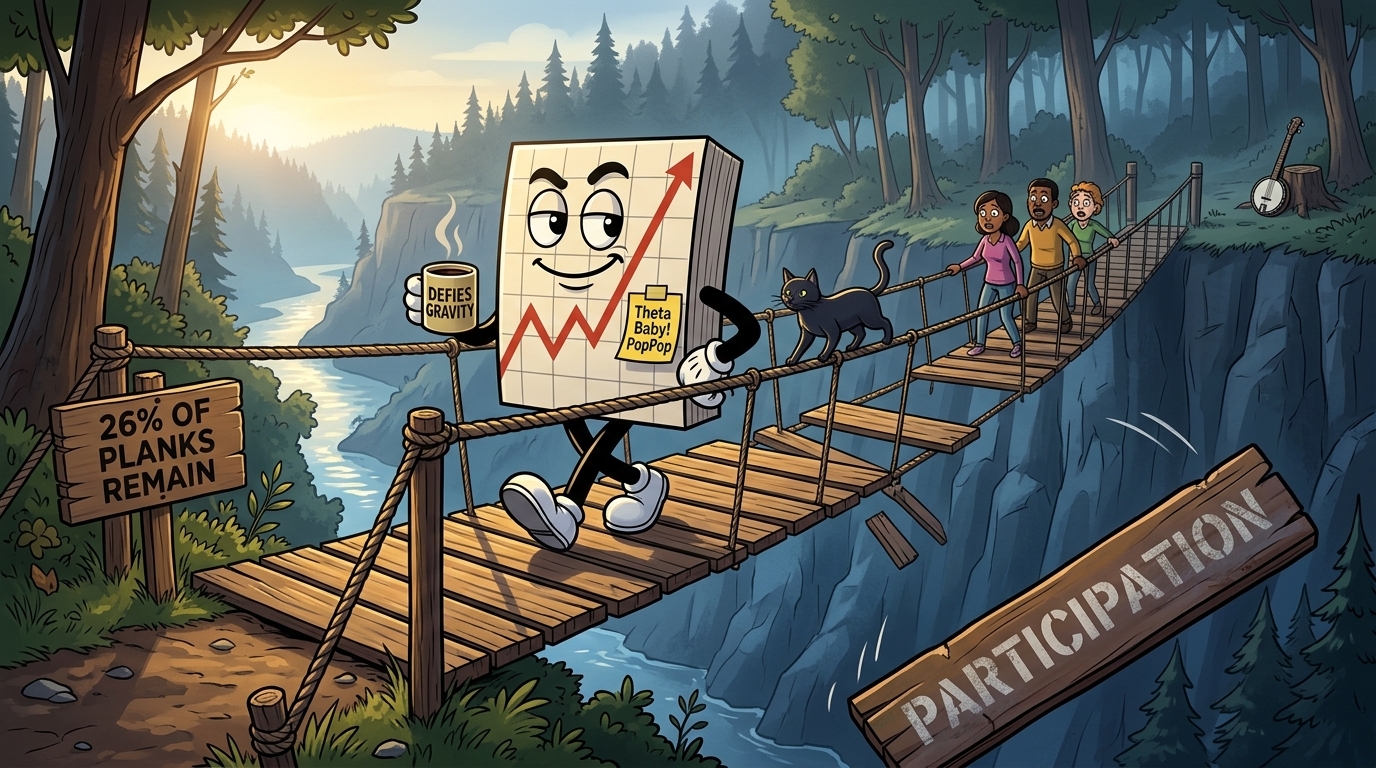 Mr SPX strolling across a rope bridge over a wooded gorge with a coffee mug in hand, the planks dropping away behind him and three stranded crossers gripping the ropes, while the black cat walks the handrail ahead of him.