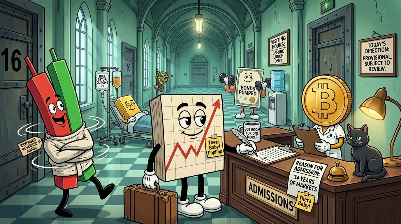 Mr SPX signs himself into a gothic asylum at the admissions counter, served by a calm Bitcoin orderly, while a straitjacketed candlestick spins in the foreground and a gremlin peeks round a door marked 16.