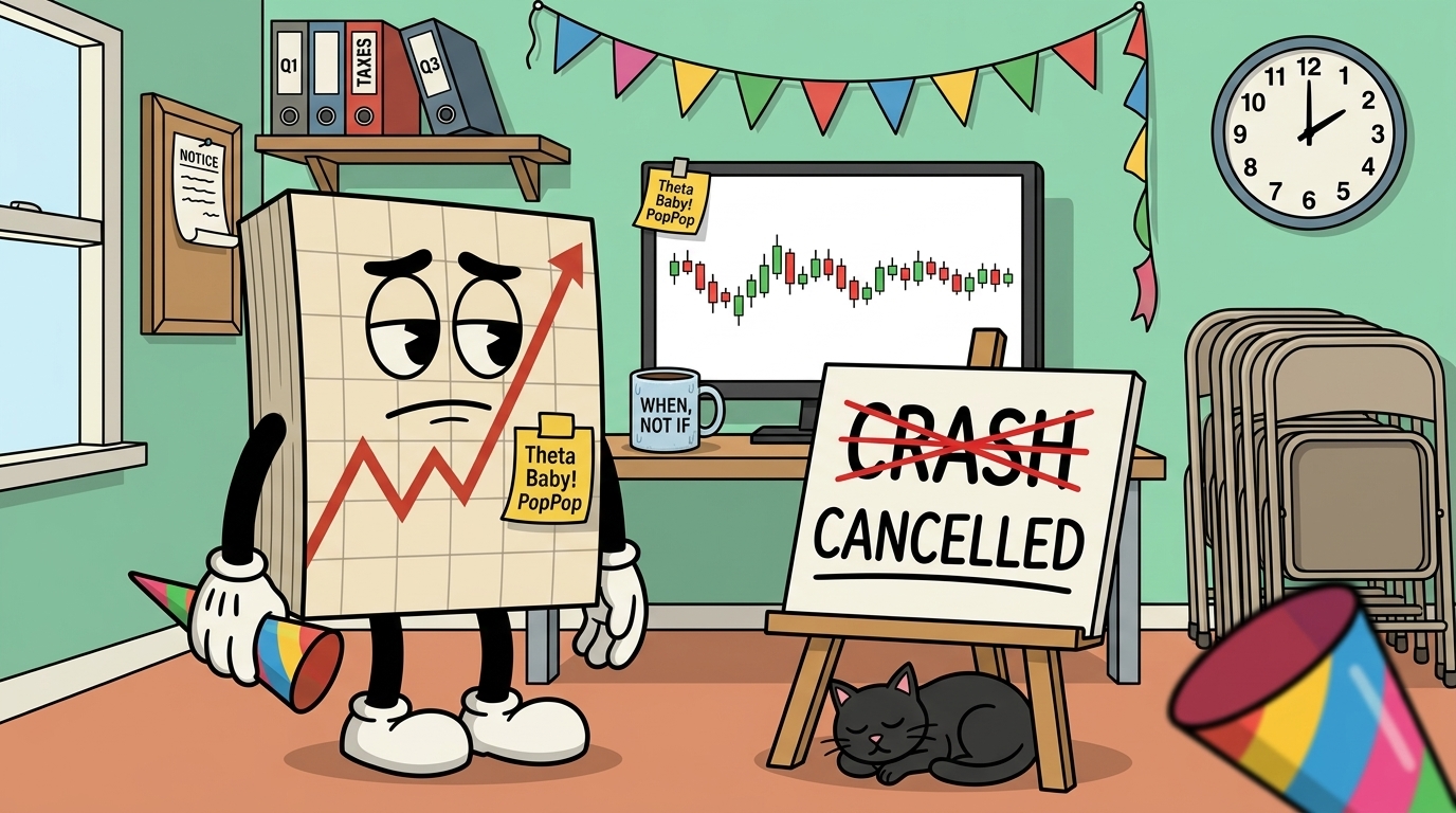 Mr SPX stood beside an easel sign reading CRASH crossed out and replaced with CANCELLED, holding an unfired party popper, drooping bunting behind him and a flat chart on the monitor.