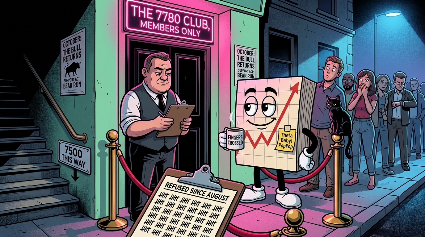 Mr SPX, holding a "Fingers Crossed" mug, is turned away again at the door of "The 7780 Club" while a black cat sits on the velvet rope post and a sign points down the steps to "7500 This Way".