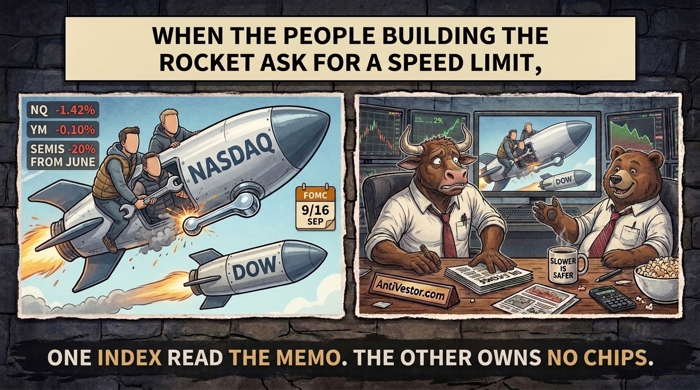 A Nasdaq rocket having a brake fitted by founder caricatures while a level Dow rocket passes, and the mascots swap moods.