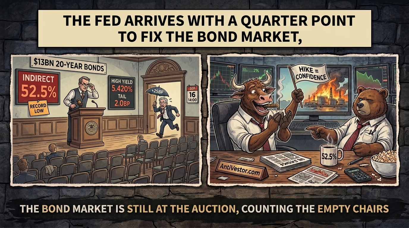 An auctioneer faces a hall of empty chairs as a Fed chairman runs in late, while the bull applauds and the bear points at the empty seats.