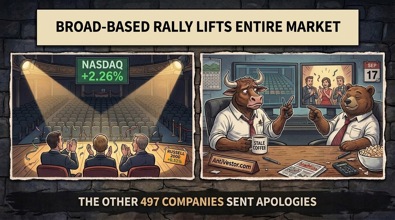 Three people applaud in an empty theatre whilst two traders swap their usual reactions.