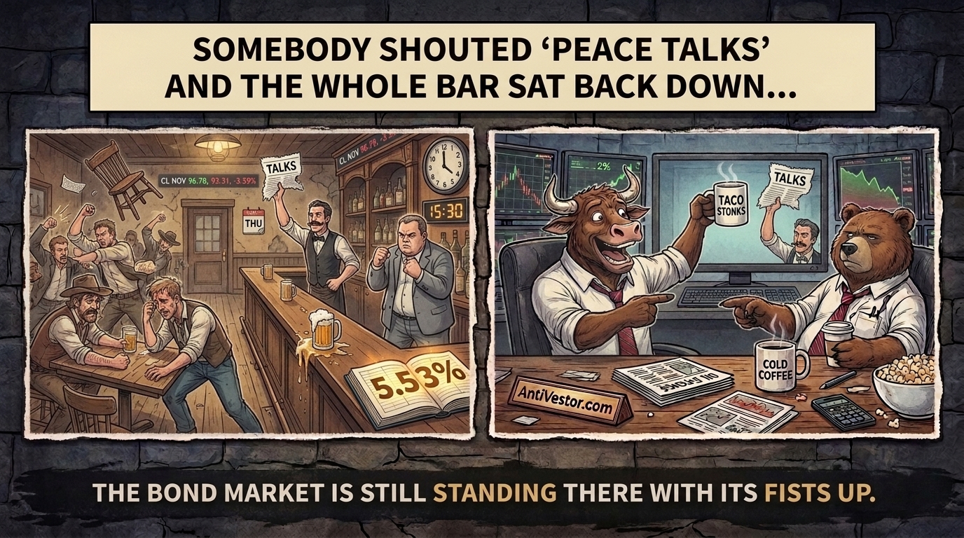Left panel shows a bar brawl stopping as a barman holds up a wire report, with one man at the end of the bar still braced; right panel shows Bull cheering the news while Bear points at the man who has not moved.