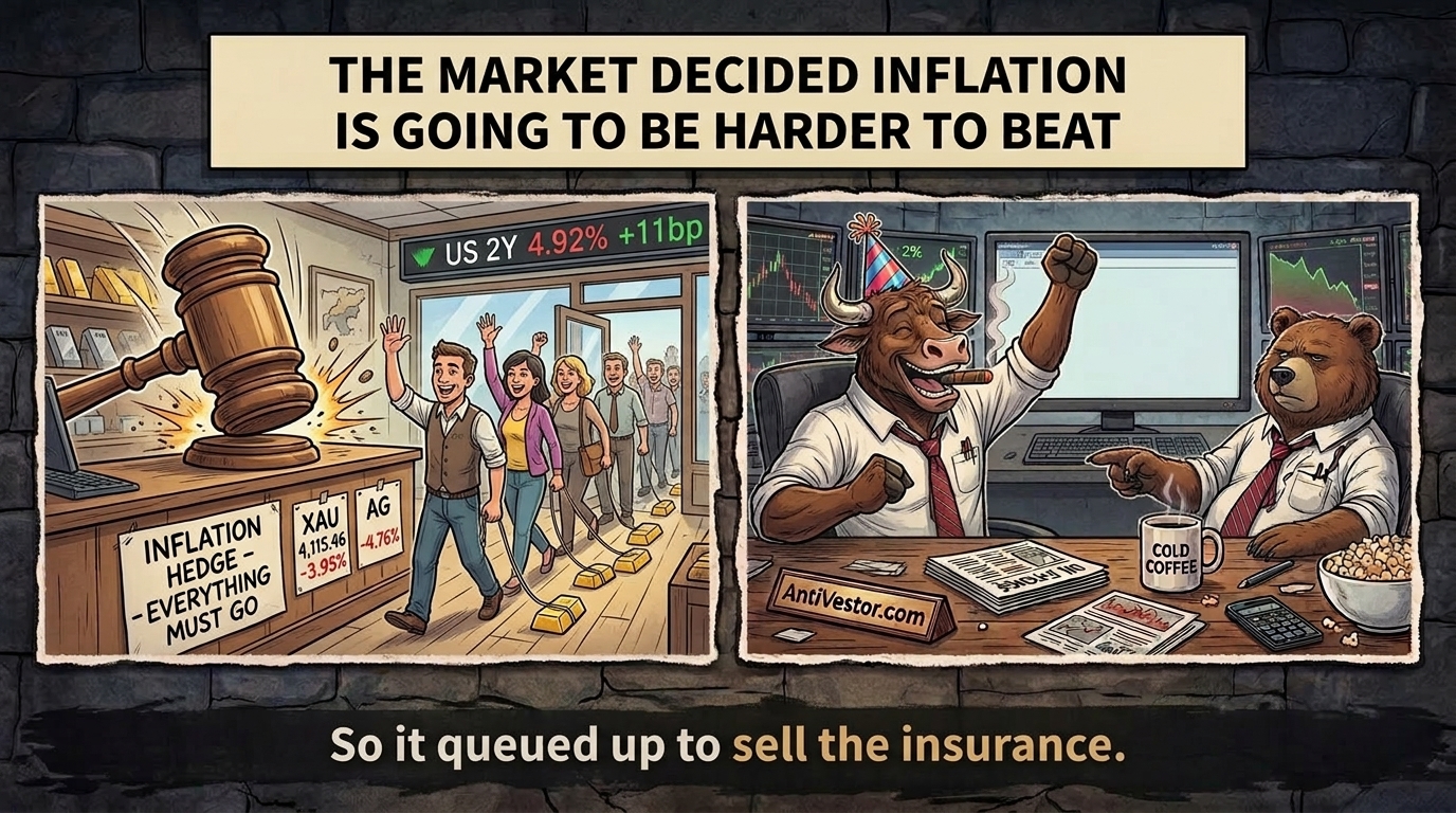 Crowds sell gold bars at a counter while a cheering bull and a deadpan bear watch from a desk.