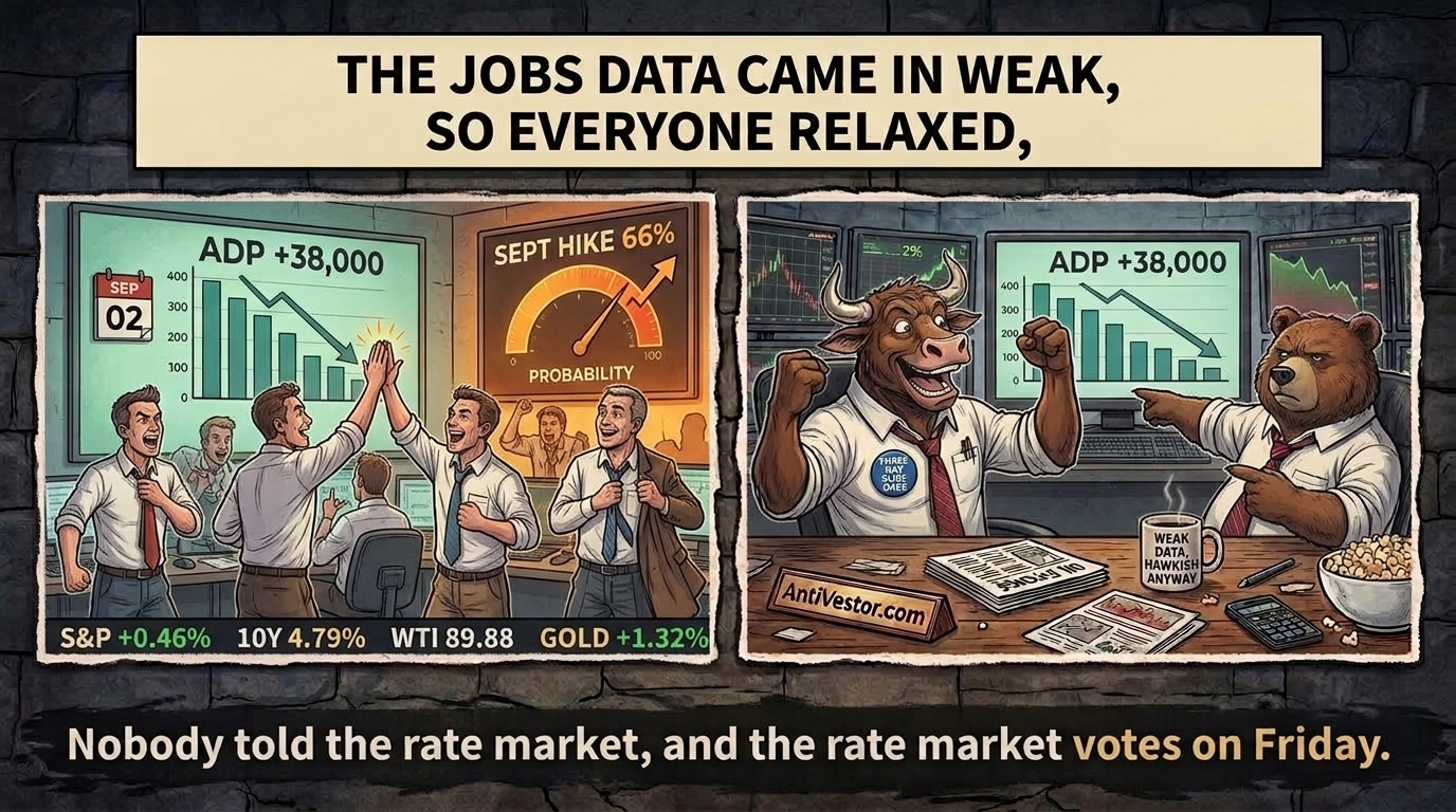 Two-panel comic, traders celebrating a weak jobs board while Bear points at a rising rate-hike dial behind them.
