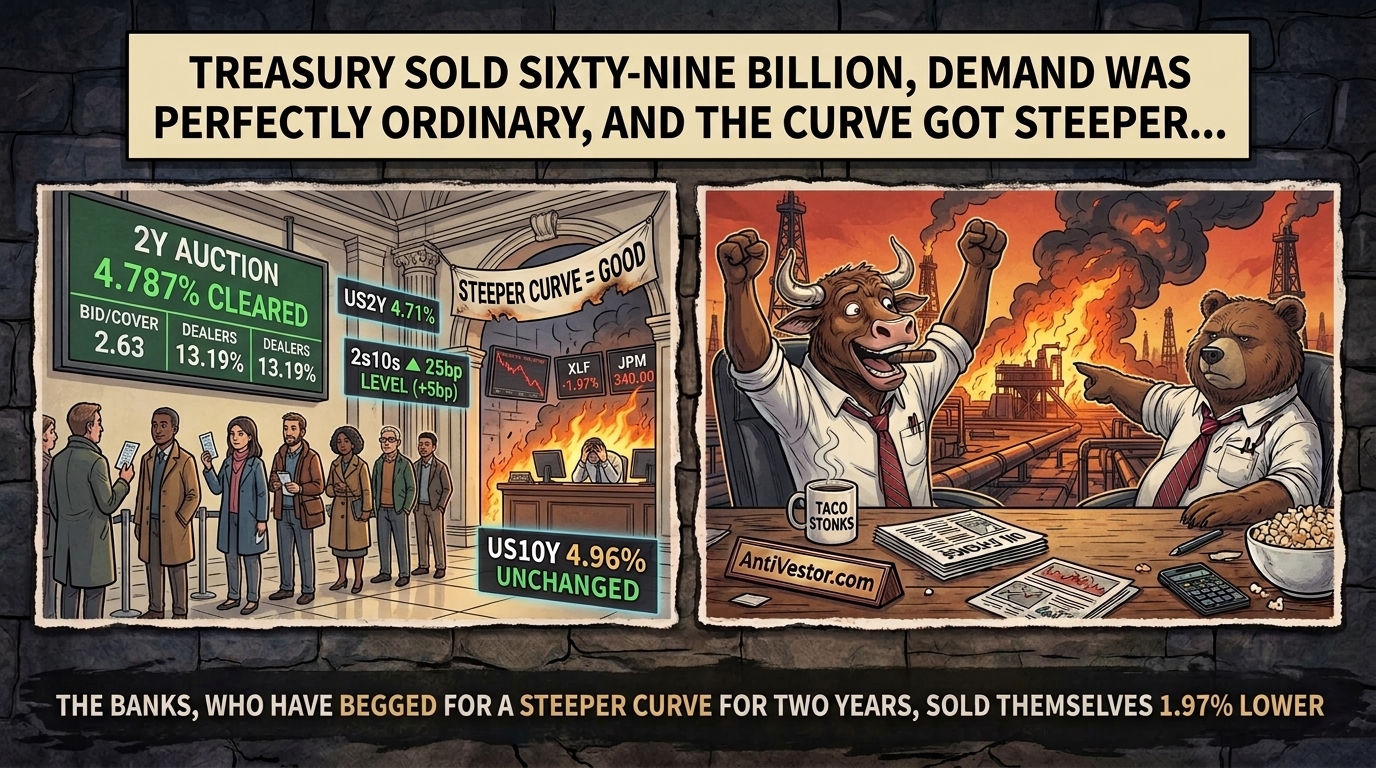 Left panel shows a cheerful cleared bond auction beside a burning bank desk under a torn sign reading steeper curve equals good; right panel shows Bull celebrating while Bear points at the fire.
