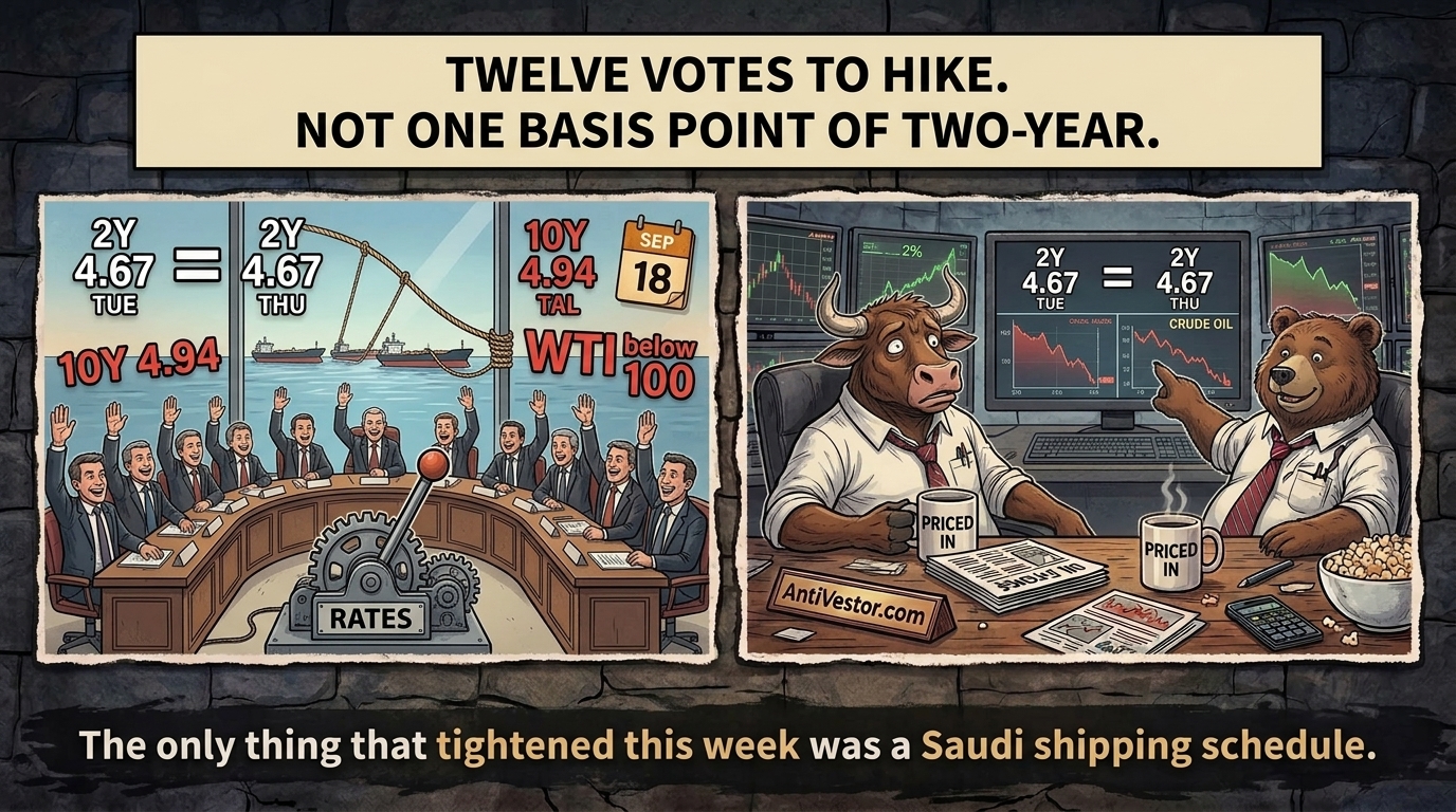 A committee votes unanimously to raise rates while tankers outside drag the yield curve down, and two mascots react in swapped moods.