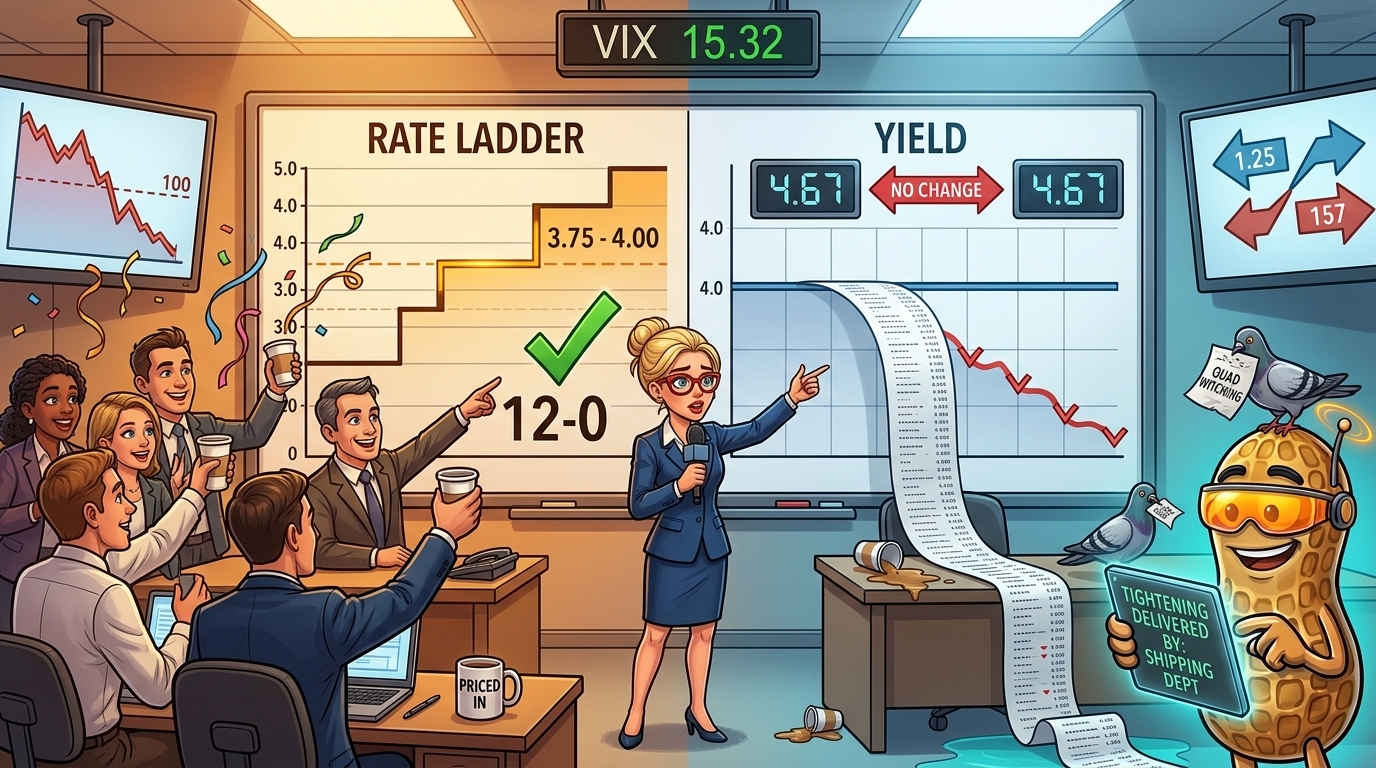 Newsroom reporter stands between analysts celebrating a rate rise and a yield curve printout sagging onto the floor.