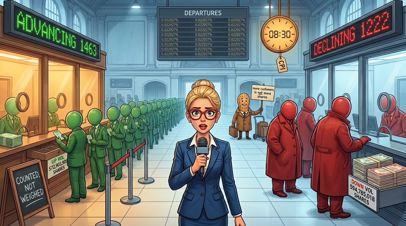 Reporter between two station ticket windows, a long green queue at an empty till and a few red figures at an overflowing one.
