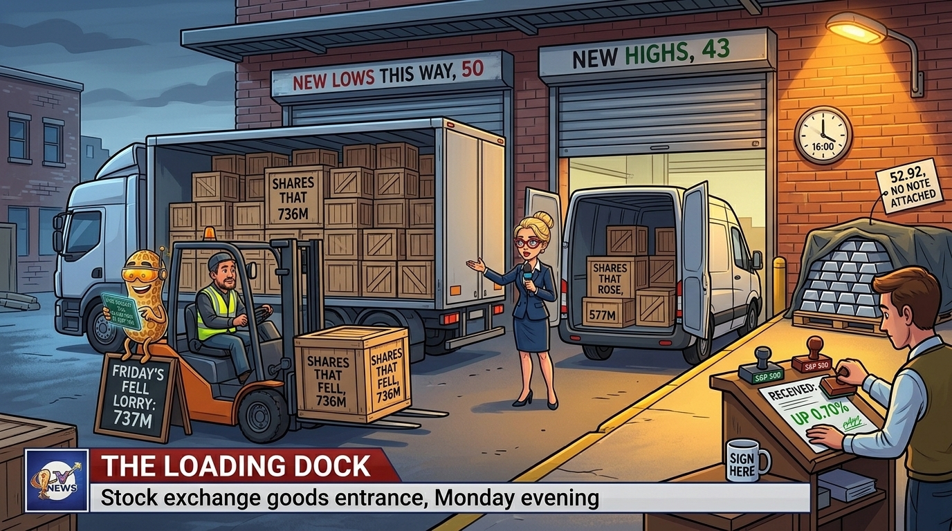 A reporter at an exchange loading dock between a big lorry of fallen shares and a small van of risen shares while a clerk stamps the day as up.