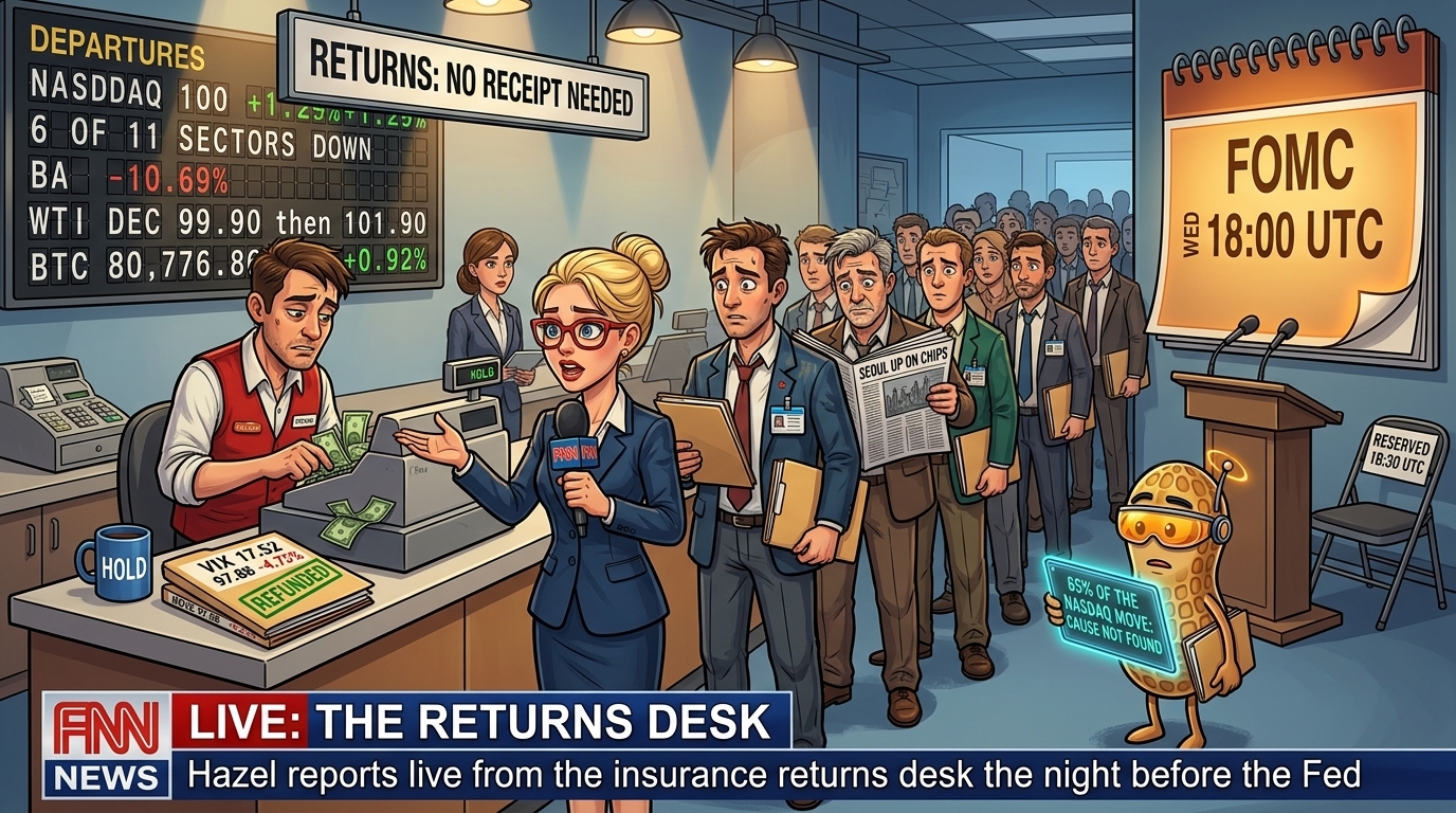 Hazel interviews a returns clerk as traders queue to hand back fear-gauge insurance policies beneath a calendar reading FOMC.