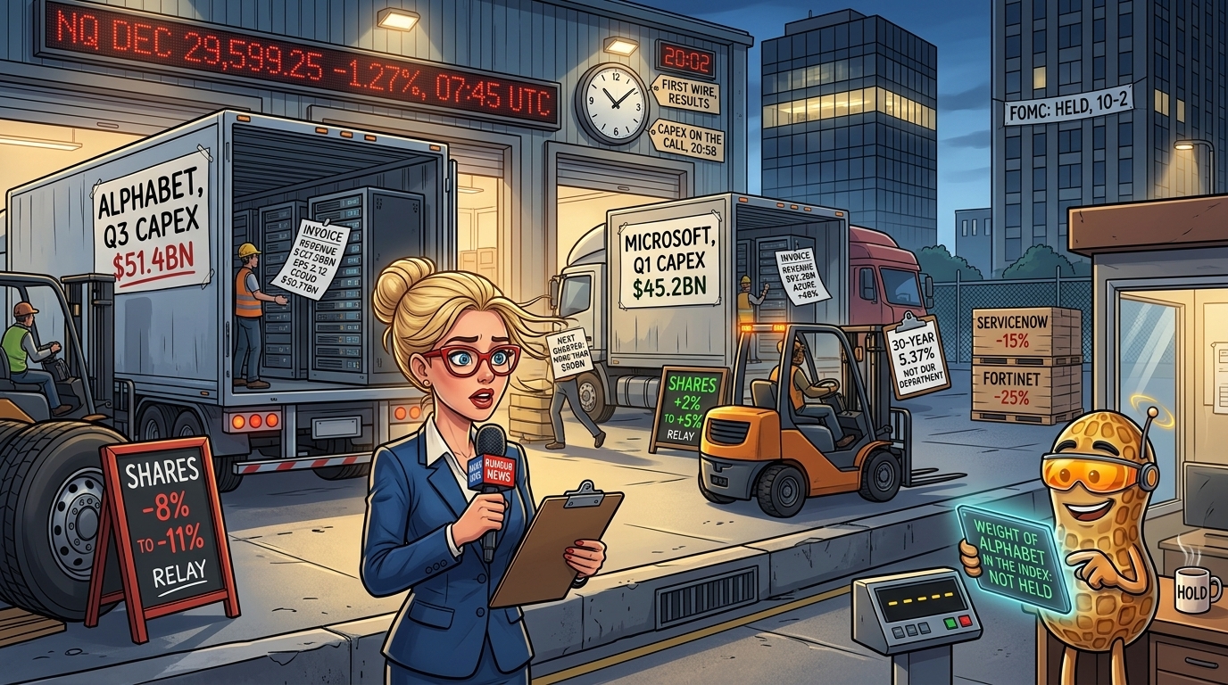  Hazel reports from a dawn loading bay where two lorries are stacked with servers under Alphabet and Microsoft capex signs, one chalkboard red and one green.