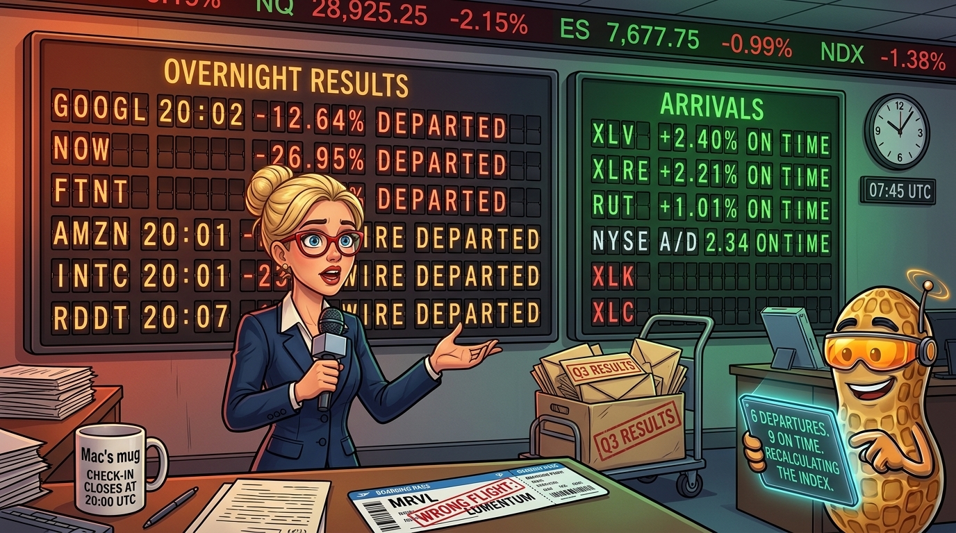 Hazel reports between an airport-style board of six departed results names in red and an arrivals board of sectors landing on time in green, with Percy recalculating.