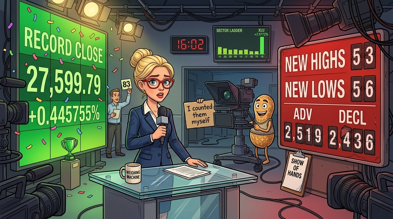 A news anchor stands between a green record-close video wall and a red tally board showing more new lows than new highs.