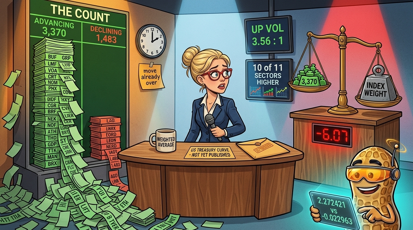 A news anchor between a huge green stock tally and a brass scale tipped by six small weights.