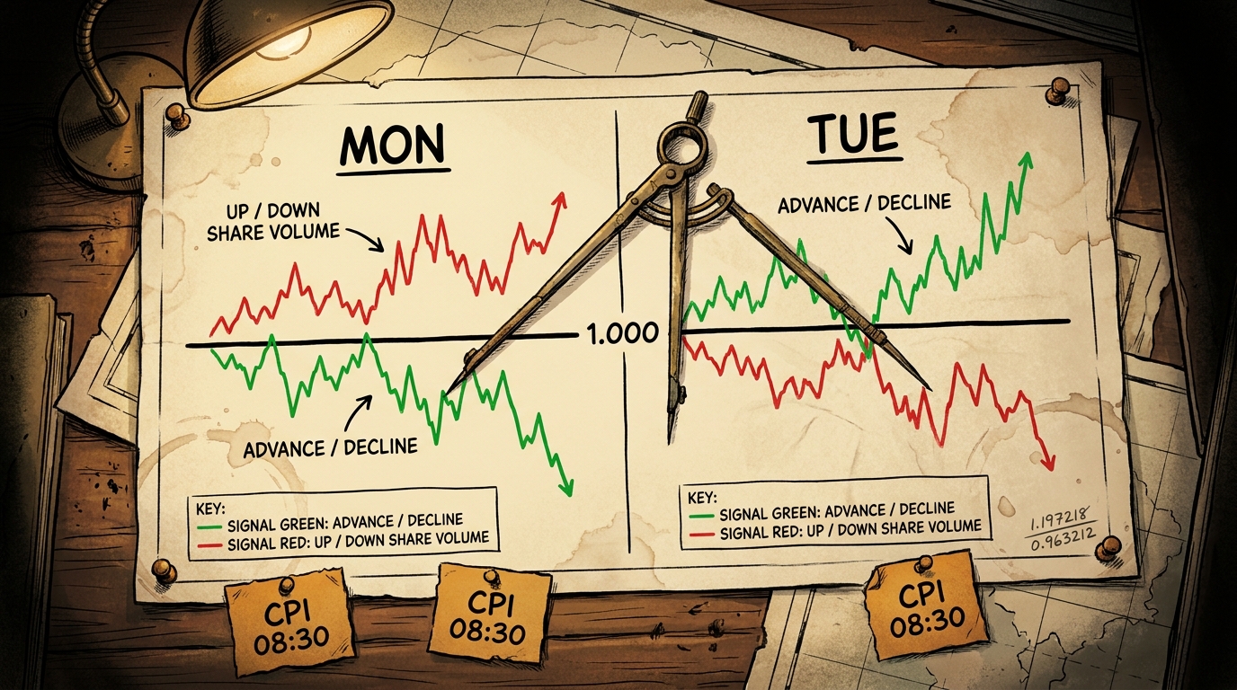 Chart desk with two labelled panels showing breadth and share-volume lines crossing a 1.000 rule, their positions swapped between them.