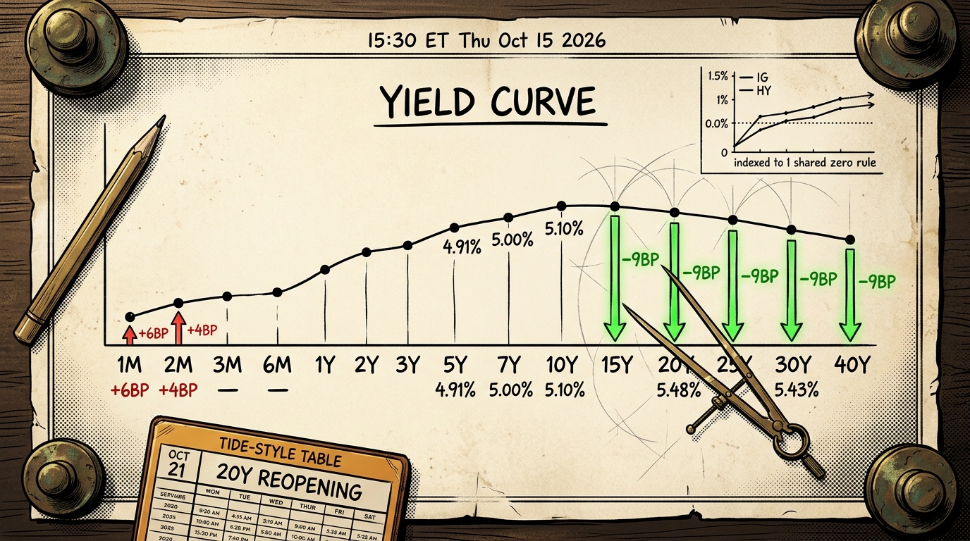 A chart desk where brass dividers measure five identical nine-basis-point falls on a yield curve.