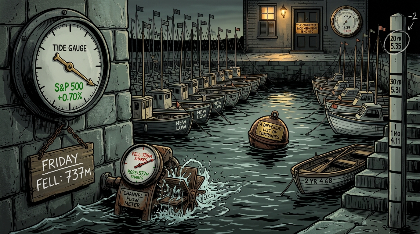 A harbour tide gauge reads up while the channel meter beside it shows most of the water marked as fallen, beneath a shuttered committee office.