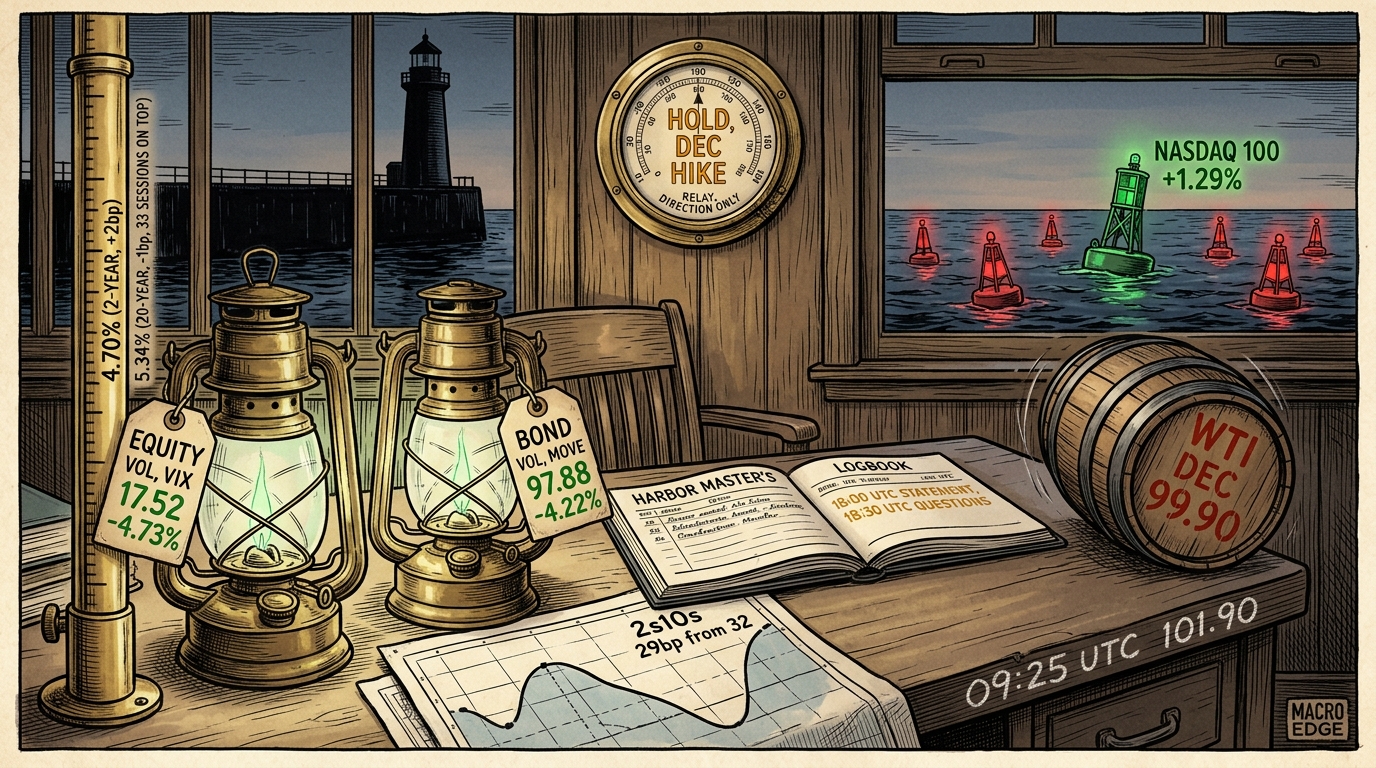 A harbour chart desk at dusk with two storm lanterns labelled for equity and bond volatility turned low, a tide gauge marking the 2-year and 20-year, and a dark lighthouse beyond the window.