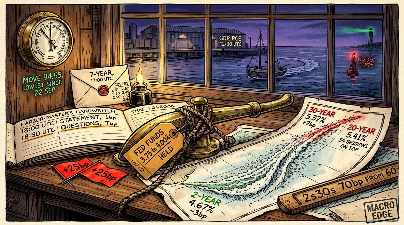 A harbour chart desk with a tiller lashed dead centre beneath a yield curve drawn as a wake that curves anyway, a barometer turned low and a sealed auction envelope.