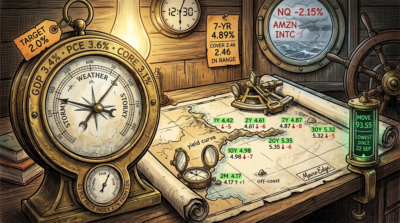 A ship's barometer reads stormy for PCE 3.6% with a small dial beneath reading fair for the quarter's 2.1%, while the tide gauge of Treasury yields quietly goes out.