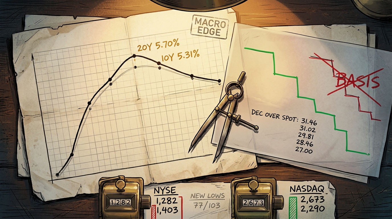 Overhead chart desk with a rising yield curve, a declining carry line and two tally counters leaning opposite ways.