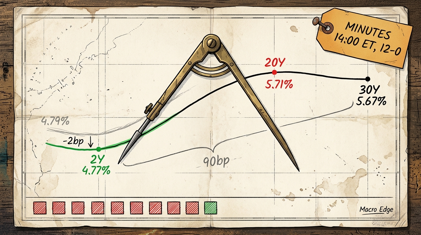 Hand-inked yield curve on a navigator's chart desk, peaking at the twenty-year with a compass measuring the gap to the thirty.