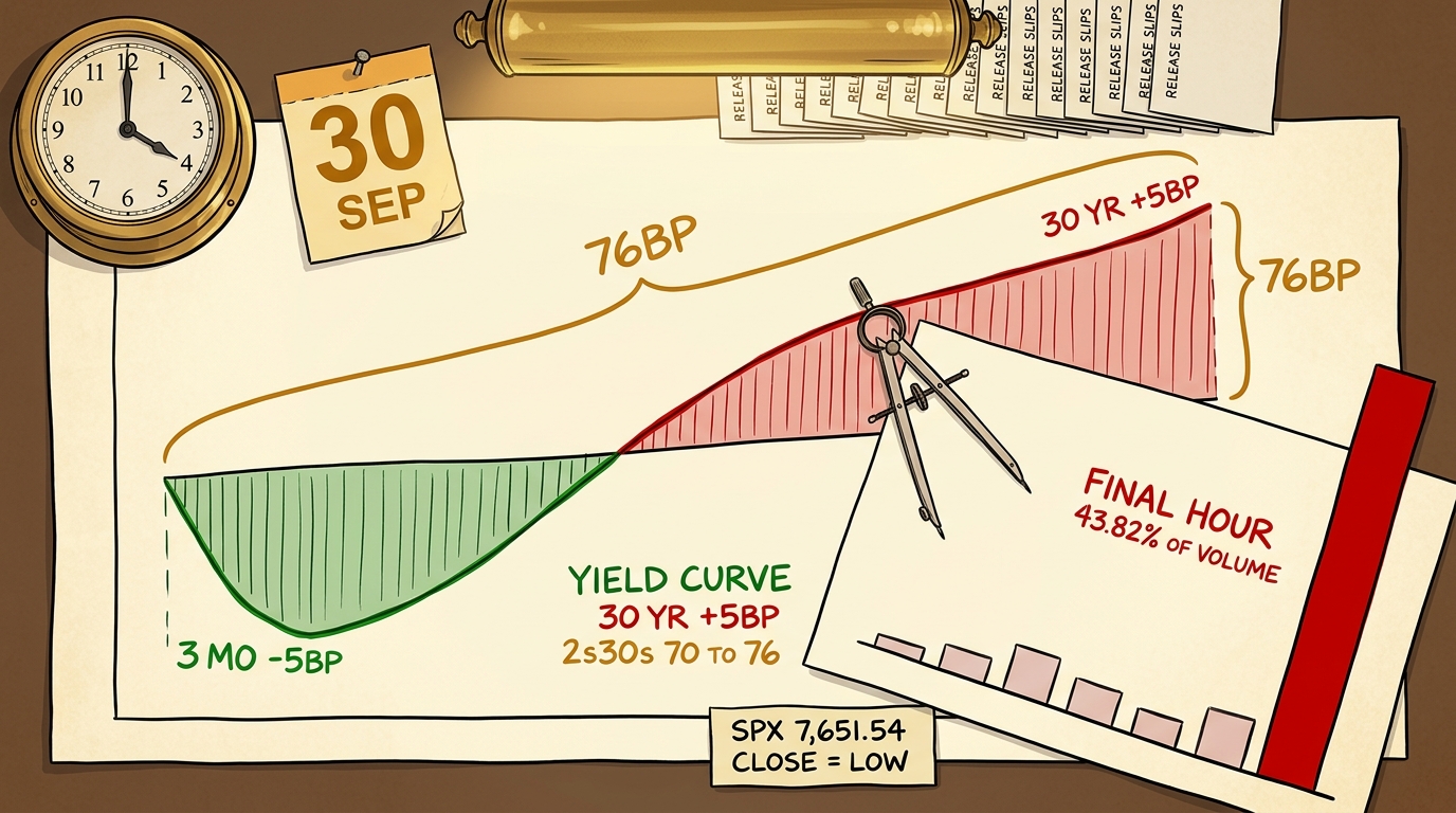 Overhead navigator's chart desk, a split yield curve in green and red beside a session histogram with one enormous final bar.
