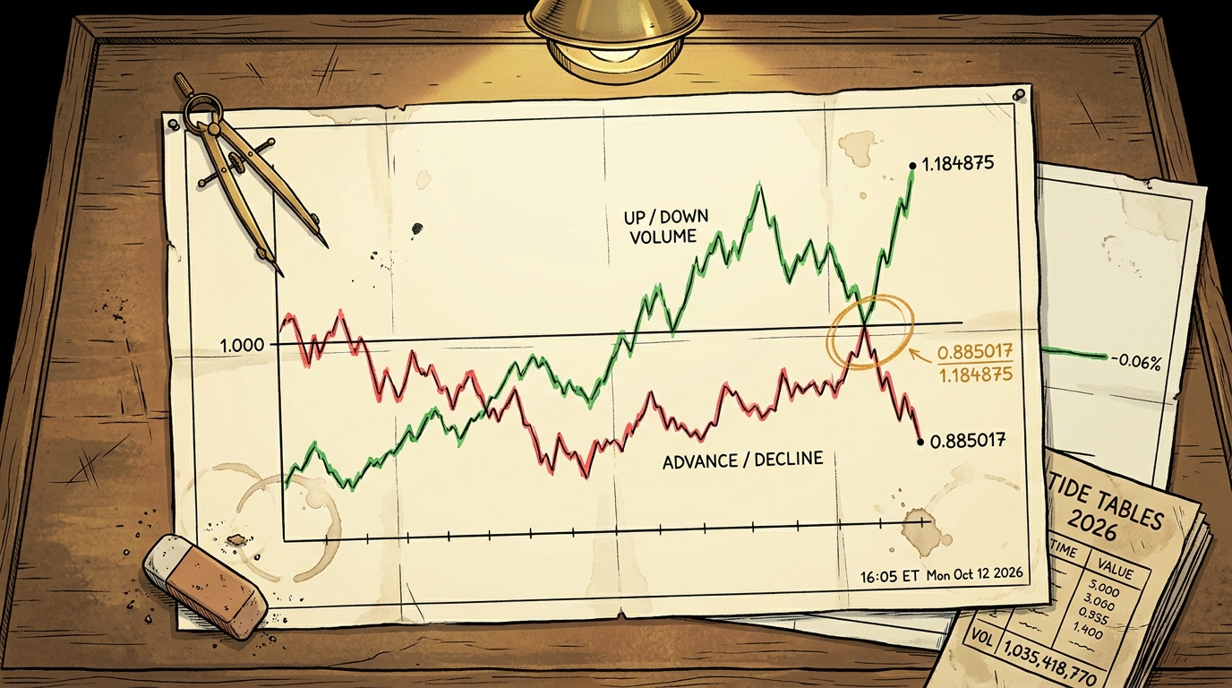Overhead chart desk, two inked lines crossing a 1.000 reference line in opposite directions, annotated in amber.