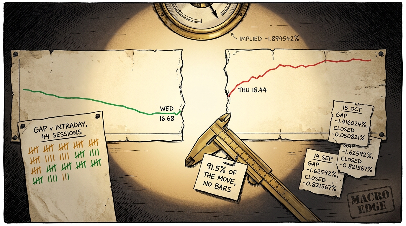 An overhead chart desk where a volatility line stops at a torn hole in the paper and resumes much higher.
