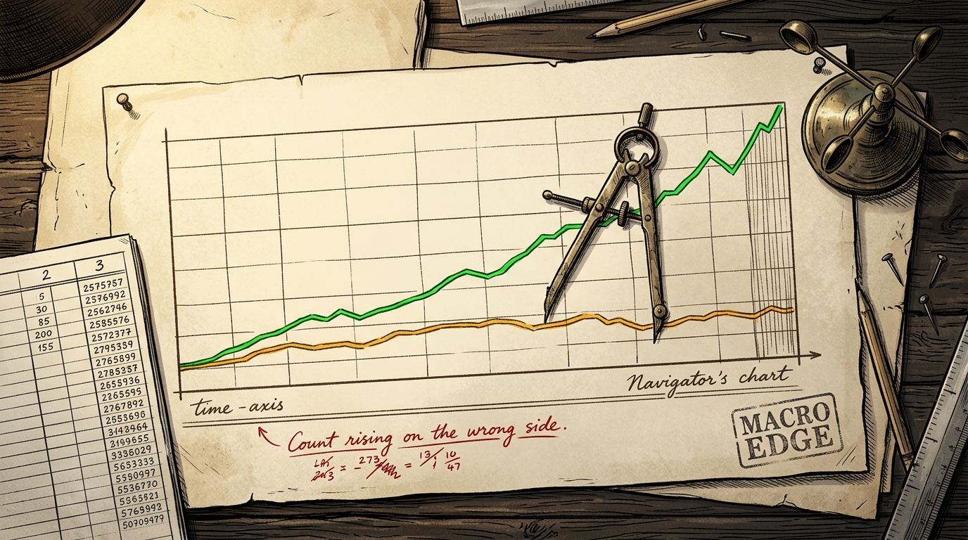A chart desk from above showing a rising green index line measured against a flat amber breadth line with brass dividers between them.