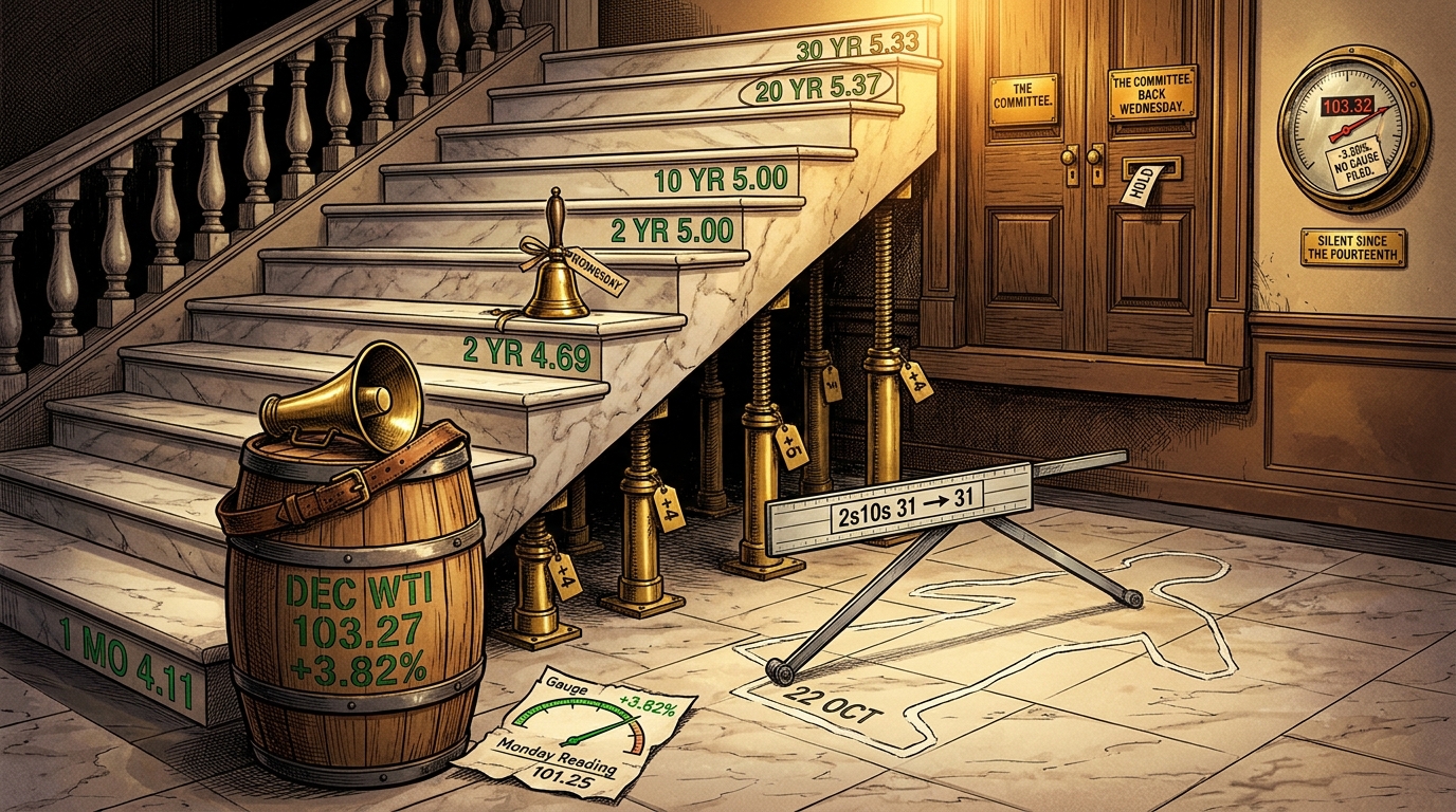 A jacked-up marble staircase of fourteen treasury treads keeps its shape beneath a shut committee door while an oil barrel with a megaphone stands at its foot.