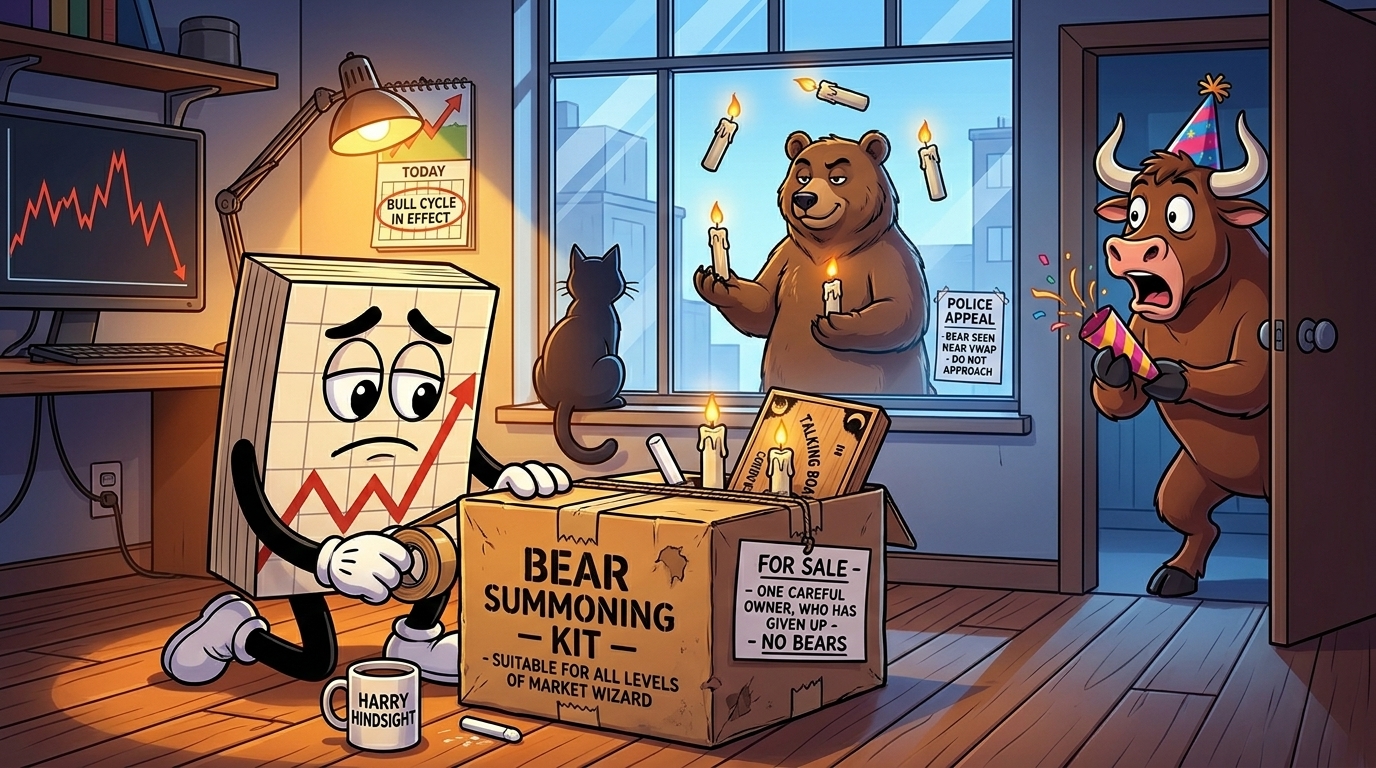Mr SPX tapes up a box marked "Bear Summoning Kit" while a juggling bear walks past the window behind him, watched only by his cat and a startled bull.