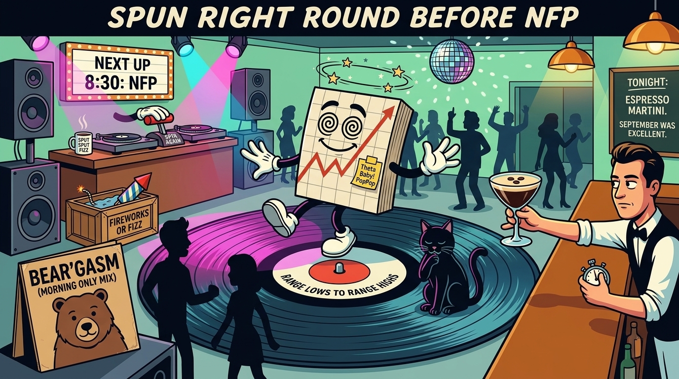 Mr SPX being spun round on a giant vinyl record dance floor while a hidden DJ holds a lever marked "SPIN AGAIN" under a sign reading "NEXT UP 8:30: NFP", and a bartender waits with an espresso martini.