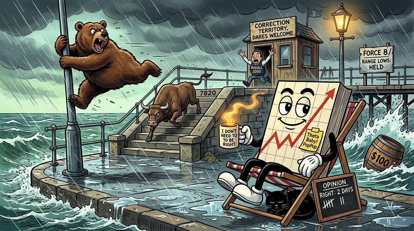 Mr SPX sits unmoved in a deckchair on a storm lashed seafront, mug in hand, while a bear clings to a lamppost and a bull climbs the steps marked 7820.